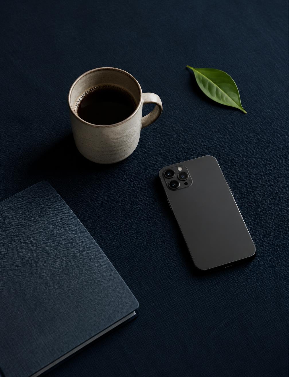 Coffee cup, phone and notebook on a dark desk