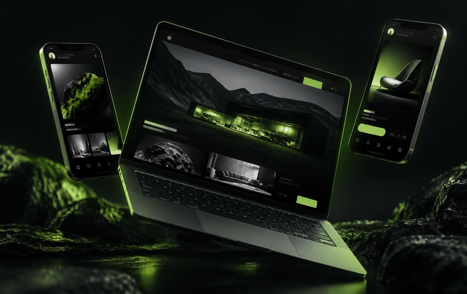 Laptop and smartphones showing modern website designs with green accents