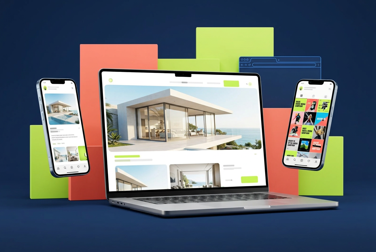 Silver laptop and smartphones displaying bright website and social campaign concepts