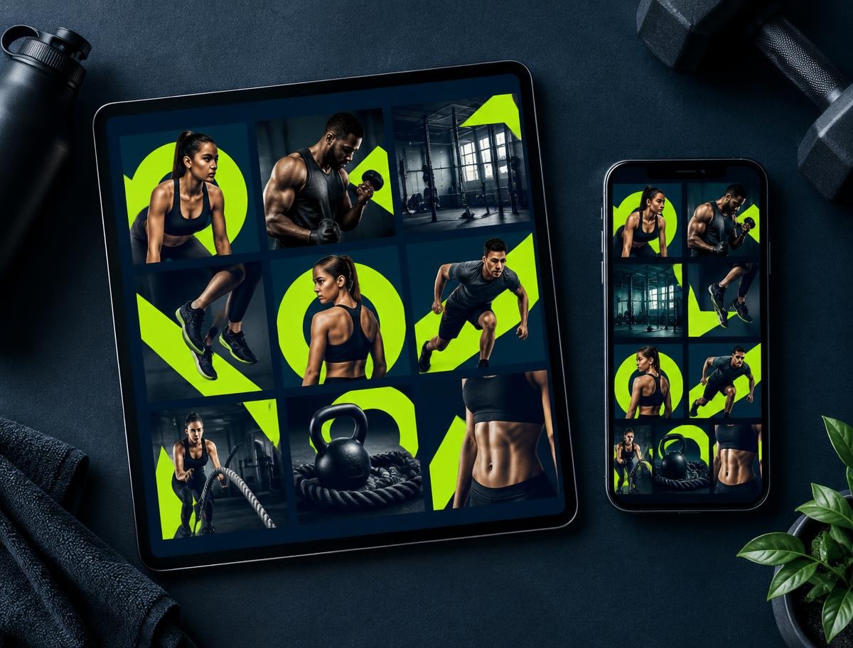 Tablet and phone displaying a grid of social media ad creatives