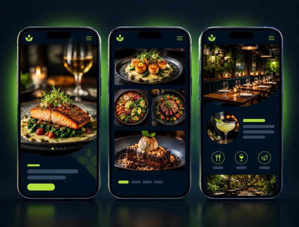 Concept: restaurant website on three smartphones