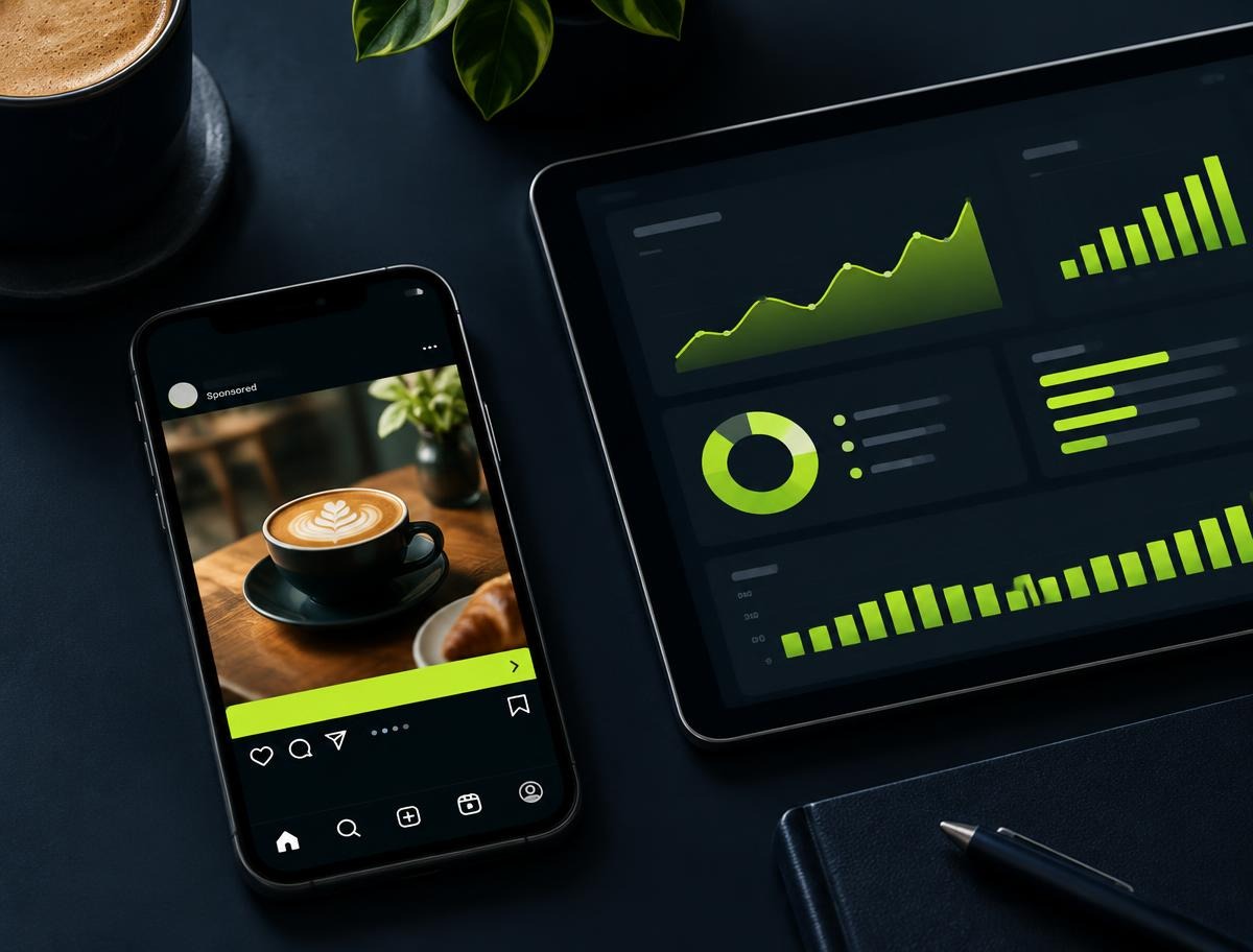 Phone with a sponsored social post beside a tablet showing ad analytics