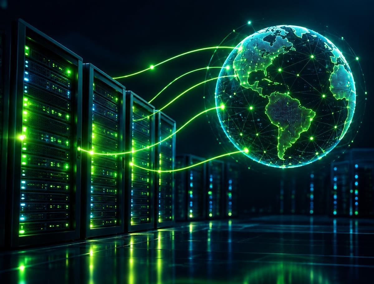 Server racks connected by glowing lines to a digital globe