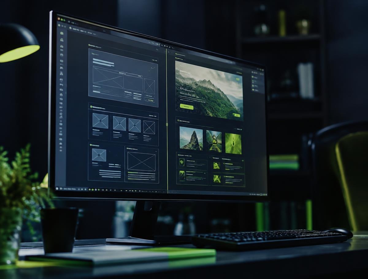 Designer monitor showing a website moving from wireframe to finished layout